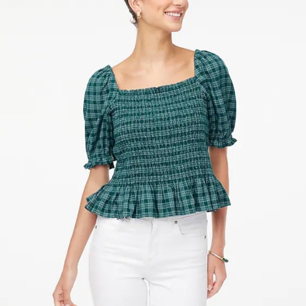 NWT J Crew Flannel Smocked Top